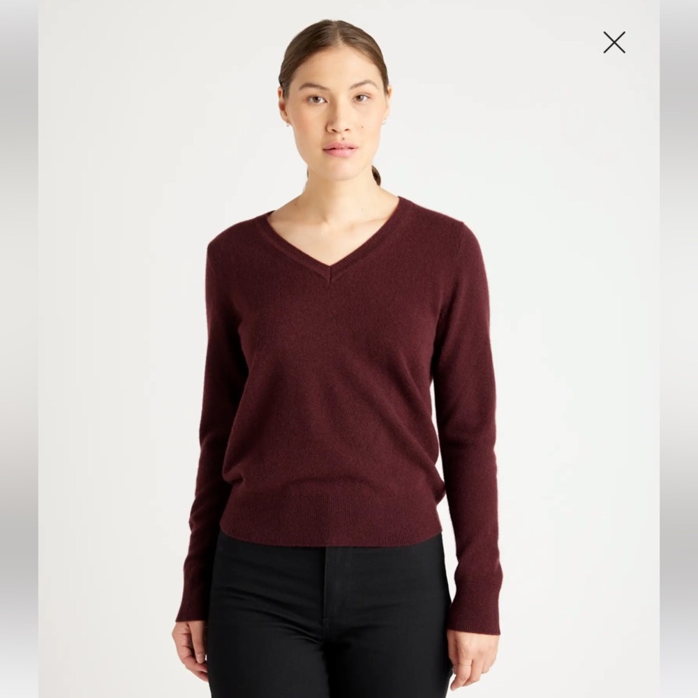 Quince Mongolian Cashmere V Neck Sweater in Burgundy